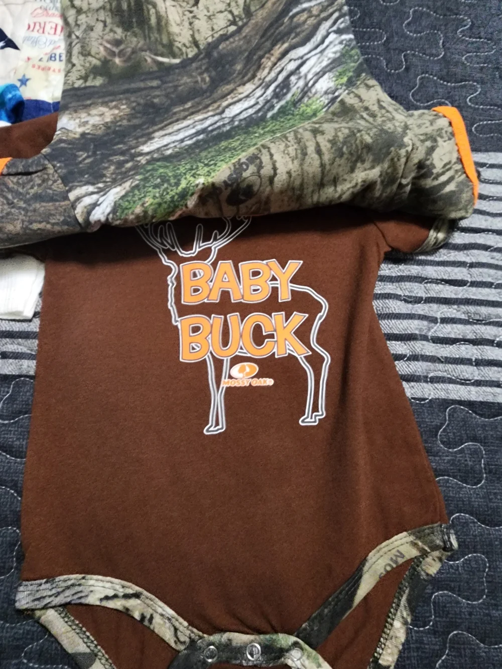 Mossy Oak Camouflage Baby Bodysuit with Orange Trim